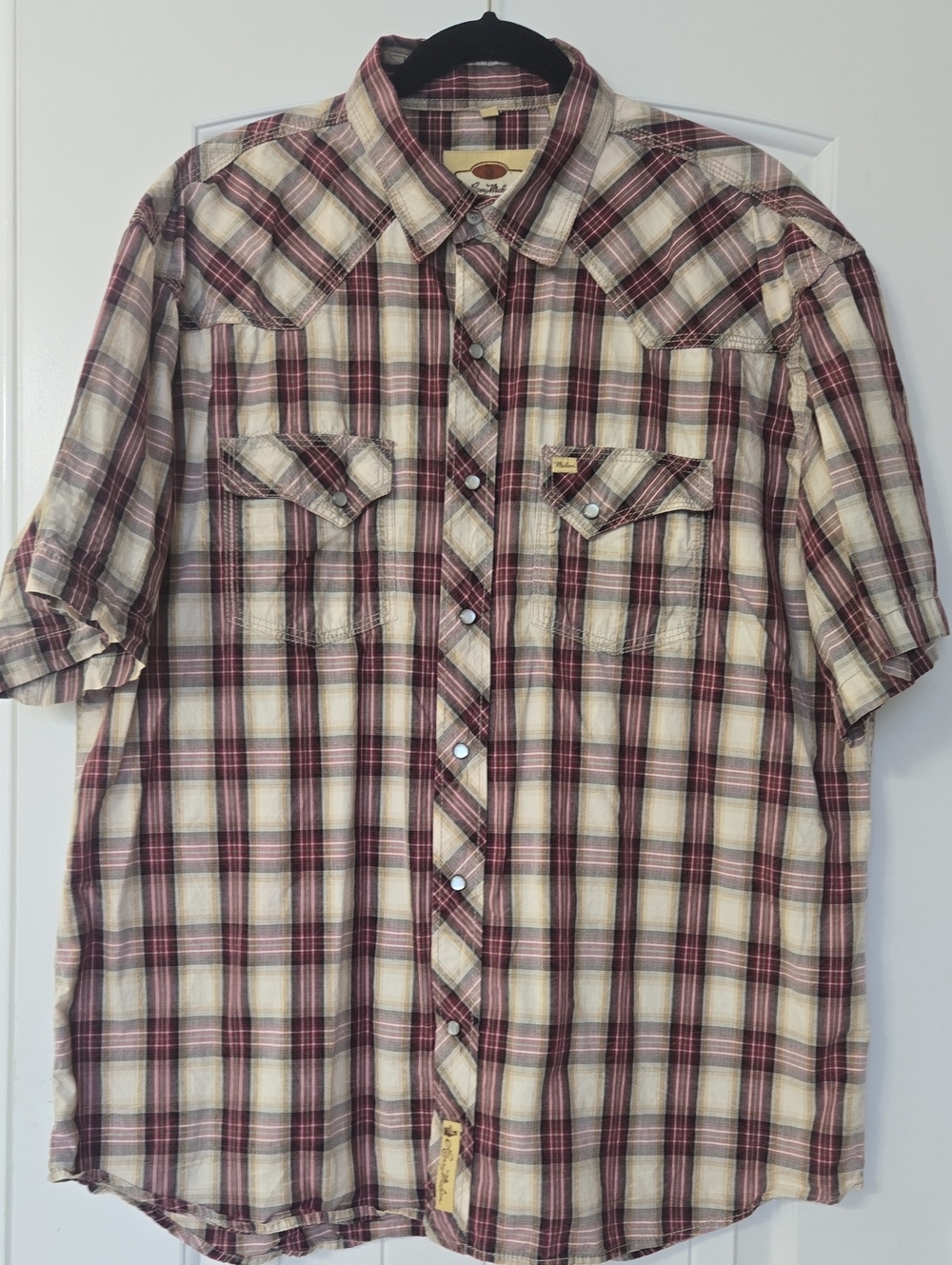 Larry Mahan Short Sleeve Plaid Pearl Snap Button-Down Shirt - Red & Cream